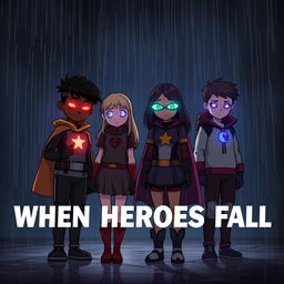 A dark, atmospheric scene from "When Heroes Fall", featuring four young heroes standing together in the rain, heads bowed in deep contemplation