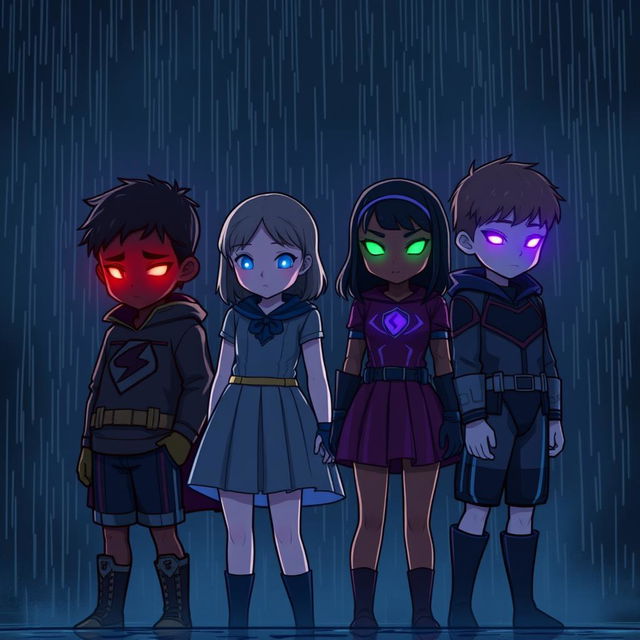 A dark, atmospheric scene from "When Heroes Fall", featuring four young heroes standing together in the rain, heads bowed in deep contemplation