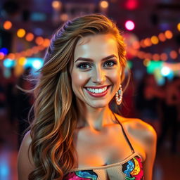A portrait of a beautiful Danish woman named Rebekah, 32 years old, with a joyful smile