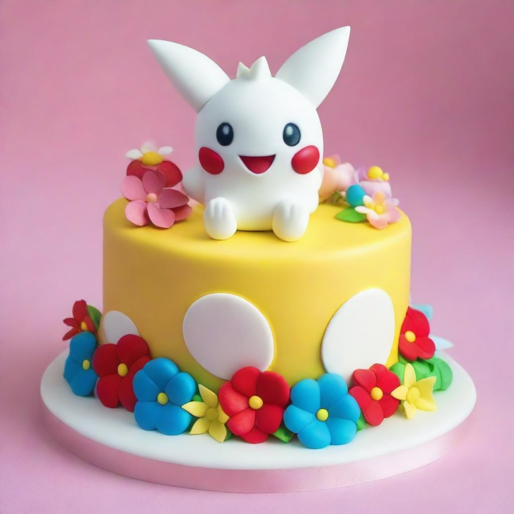 A beautifully detailed cake inspired by the Pokemon Togepi, featuring the loveable character joyfully seated atop the cake, surrounded by delicate, edible flowers and unique Pokemon-themed decorations