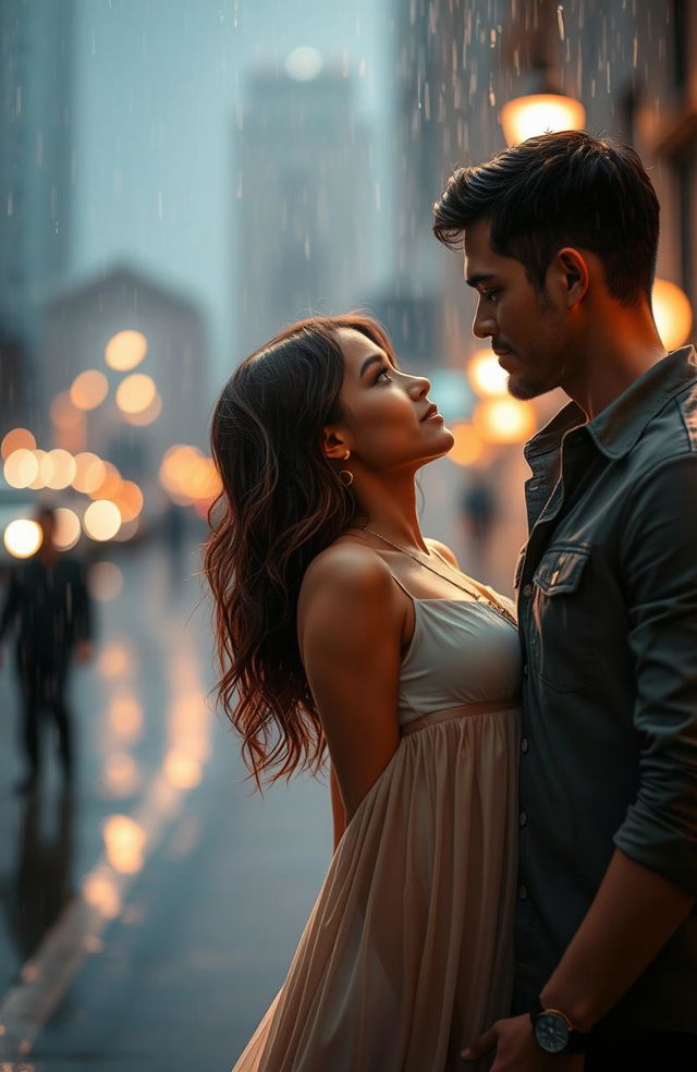 A romantic scene of a woman and a man gazing into each other's eyes under the rain