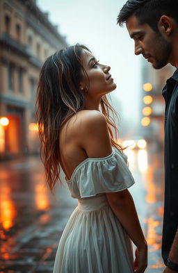 A romantic scene of a woman and a man gazing into each other's eyes under the rain