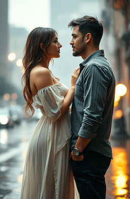 A romantic scene of a woman and a man gazing into each other's eyes under the rain