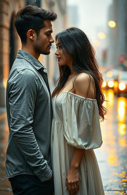 A romantic scene of a woman and a man gazing into each other's eyes under the rain