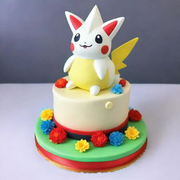 A beautifully detailed cake inspired by the Pokemon Togepi, featuring the loveable character joyfully seated atop the cake, surrounded by delicate, edible flowers and unique Pokemon-themed decorations