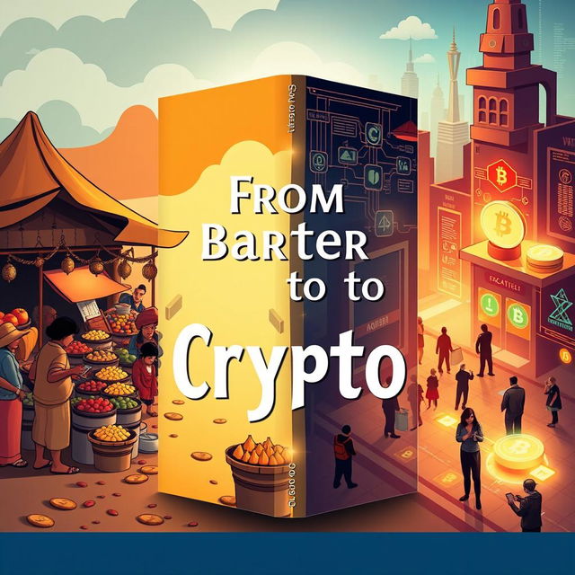 A captivating book cover design for a novel titled 'From Barter to Crypto'