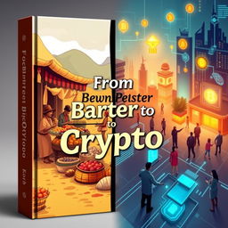 A captivating book cover design for a novel titled 'From Barter to Crypto'