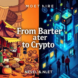 A captivating book cover design for a novel titled 'From Barter to Crypto'