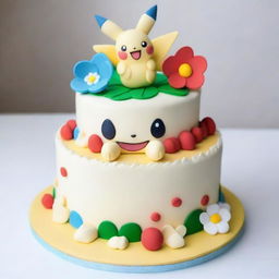 A beautifully detailed cake inspired by the Pokemon Togepi, featuring the loveable character joyfully seated atop the cake, surrounded by delicate, edible flowers and unique Pokemon-themed decorations