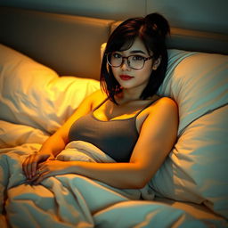 A sensual college girl with medium black hair styled in a small ponytail, wearing fashionable glasses