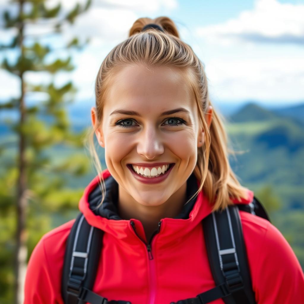 A portrait of a fit and adventurous Danish woman named Clara, 33 years old, with a bright and inviting smile