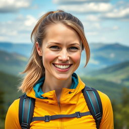 A portrait of a fit and adventurous Danish woman named Clara, 33 years old, with a bright and inviting smile