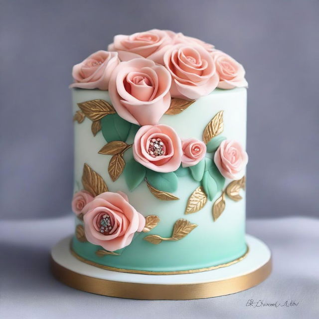 An exquisite and beautifully decorated cake, topped with intricate icing roses and delicate fondant leaves