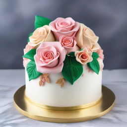 An exquisite and beautifully decorated cake, topped with intricate icing roses and delicate fondant leaves