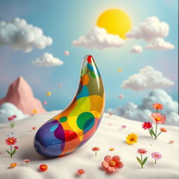 A surreal and artistic representation of a penis, creatively depicted with vibrant colors and abstract shapes that blend into an imaginative landscape
