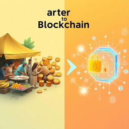 A creative visual representation illustrating the transition from barter to blockchain