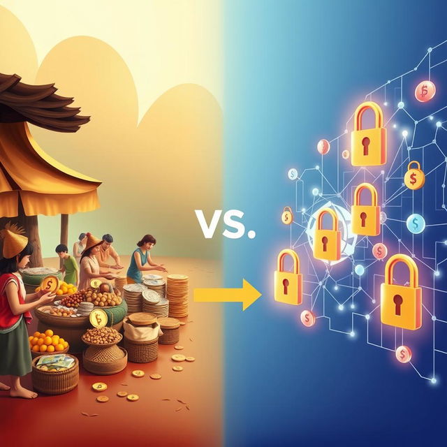 A creative visual representation illustrating the transition from barter to blockchain