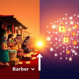 A creative visual representation illustrating the transition from barter to blockchain