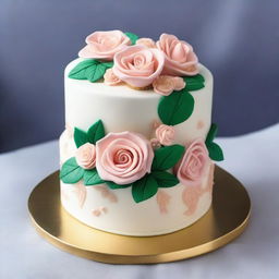 An exquisite and beautifully decorated cake, topped with intricate icing roses and delicate fondant leaves