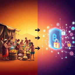 A creative visual representation illustrating the transition from barter to blockchain