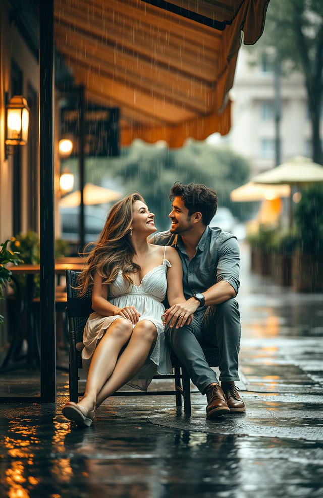 A romantic scene of a couple sitting together under a cozy awning while rain falls gently around them