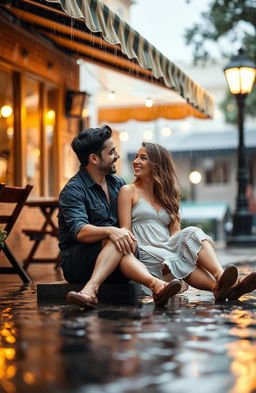 A romantic scene of a couple sitting together under a cozy awning while rain falls gently around them