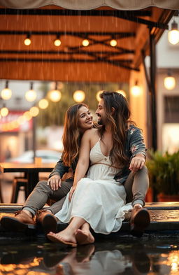 A romantic scene of a couple sitting together under a cozy awning while rain falls gently around them