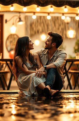 A romantic scene of a couple sitting together under a cozy awning while rain falls gently around them