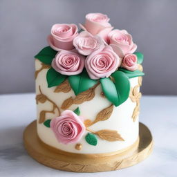 An exquisite and beautifully decorated cake, topped with intricate icing roses and delicate fondant leaves