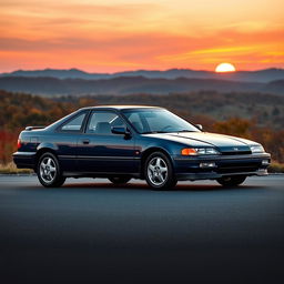 A 1991 Honda Accord coupe parked on a scenic road during sunset