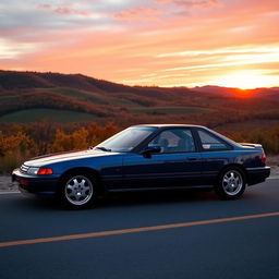 A 1991 Honda Accord coupe parked on a scenic road during sunset
