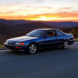 A 1991 Honda Accord coupe parked on a scenic road during sunset