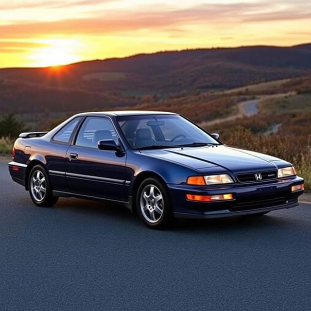 A 1991 Honda Accord coupe parked on a scenic road during sunset