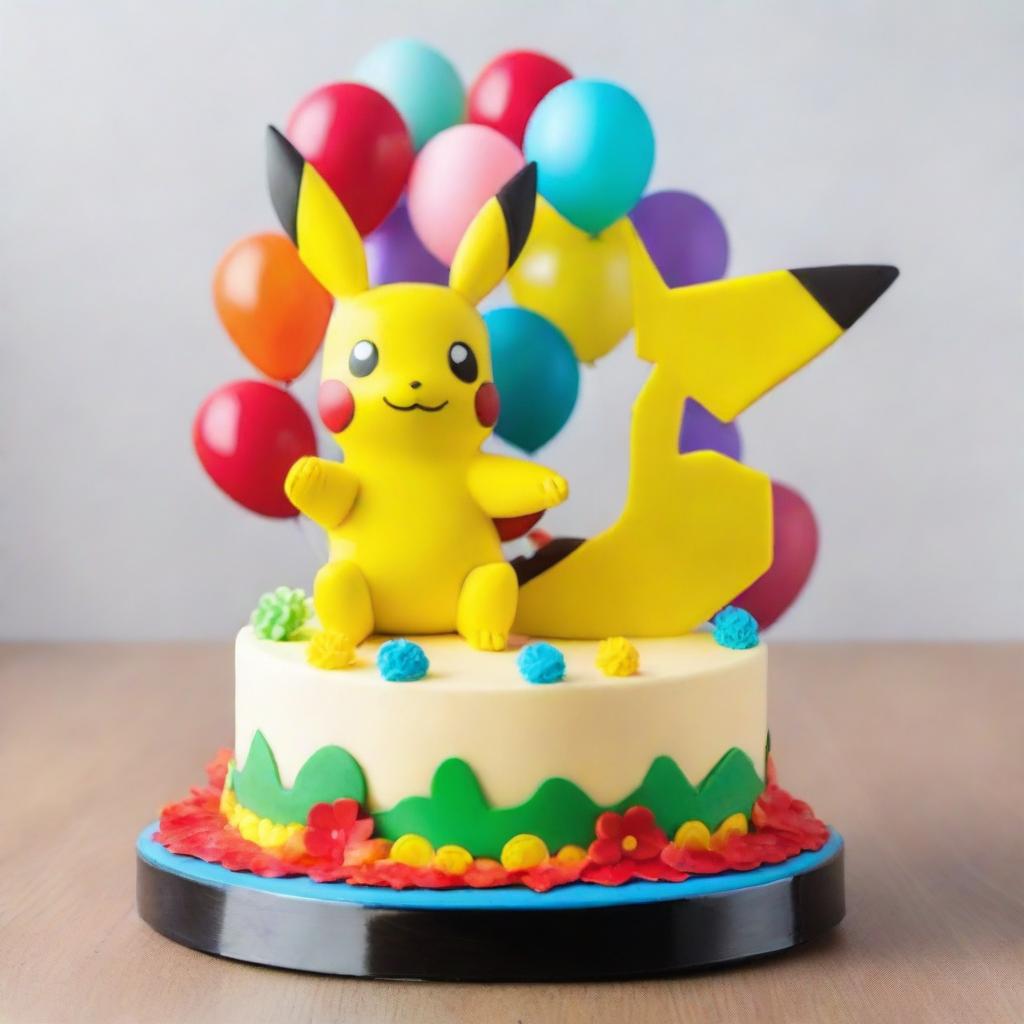 An exquisite Pokemon-themed birthday cake, adorned with fan-favorite Pokemon such as Pikachu, Eevee and Charmander, decorated with colorful edible flowers, balloons, and a shiny Poké Ball as the centerpiece