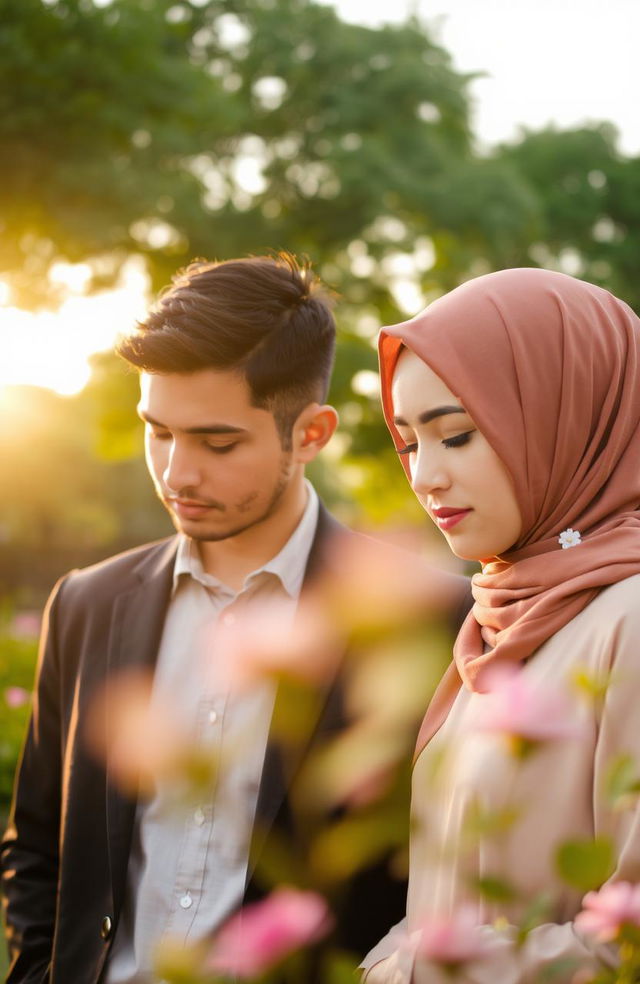 A man and a woman wearing a hijab, both looking down, with a serene and thoughtful expression on their faces