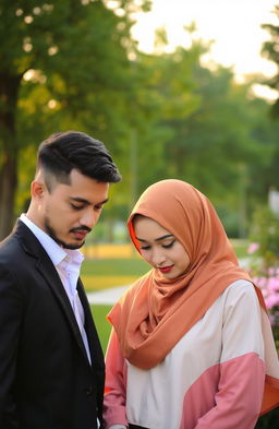 A man and a woman wearing a hijab, both looking down, with a serene and thoughtful expression on their faces