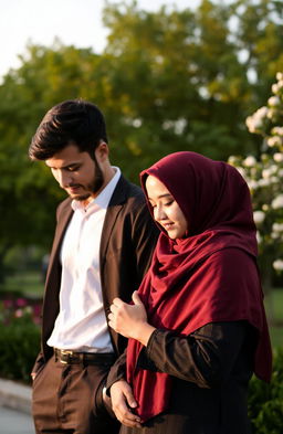 A man and a woman wearing a hijab, both looking down, with a serene and thoughtful expression on their faces