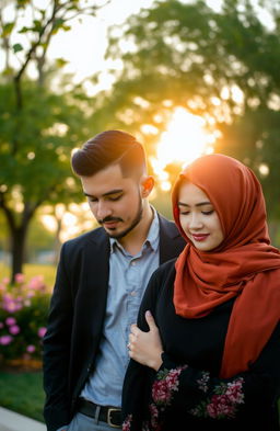 A man and a woman wearing a hijab, both looking down, with a serene and thoughtful expression on their faces