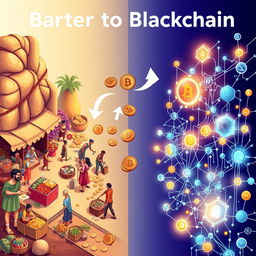 An engaging visual narrative showcasing the journey from barter to blockchain