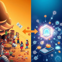 An engaging visual narrative showcasing the journey from barter to blockchain