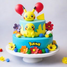 An exquisite Pokemon-themed birthday cake, adorned with fan-favorite Pokemon such as Pikachu, Eevee and Charmander, decorated with colorful edible flowers, balloons, and a shiny Poké Ball as the centerpiece