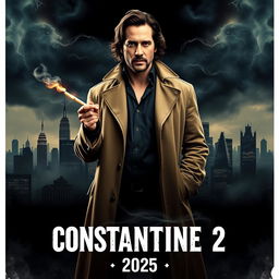 A dramatic movie poster for 'Constantine 2' featuring Keanu Reeves reprising his role as John Constantine