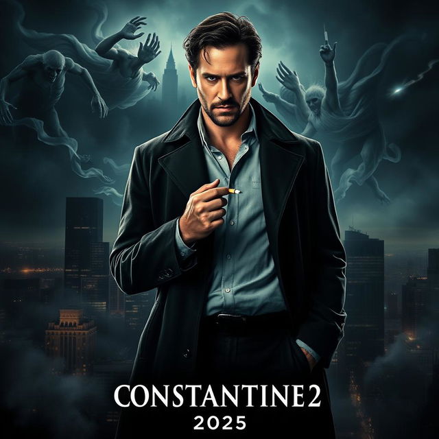 A dramatic movie poster for 'Constantine 2' featuring Keanu Reeves reprising his role as John Constantine