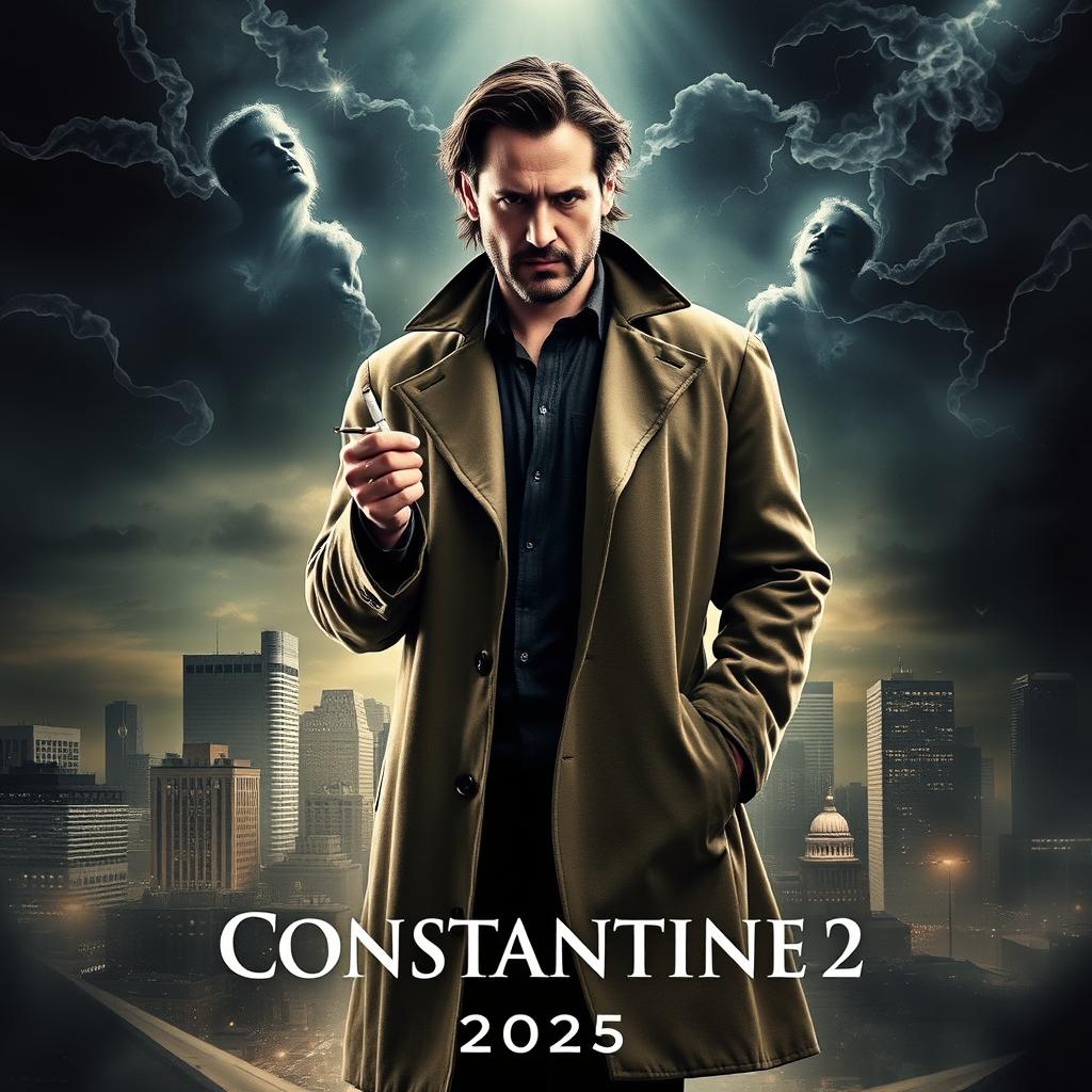 A dramatic movie poster for 'Constantine 2' featuring Keanu Reeves reprising his role as John Constantine