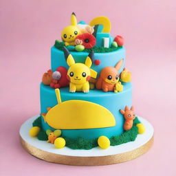 An exquisite Pokemon-themed birthday cake, adorned with fan-favorite Pokemon such as Pikachu, Eevee and Charmander, decorated with colorful edible flowers, balloons, and a shiny Poké Ball as the centerpiece