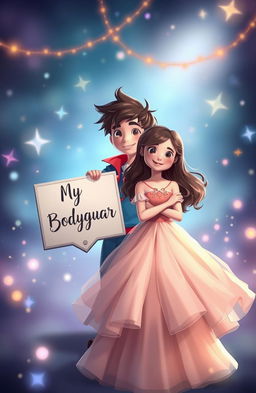 A magical and enchanting scene featuring a girl in a beautiful, flowing dress standing in the foreground with a charming smile