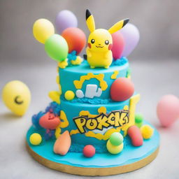 An exquisite Pokemon-themed birthday cake, adorned with fan-favorite Pokemon such as Pikachu, Eevee and Charmander, decorated with colorful edible flowers, balloons, and a shiny Poké Ball as the centerpiece