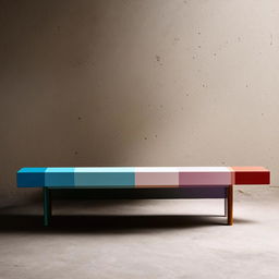 A vibrant bench table in a spectrum of colors.