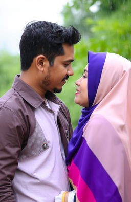 A man and a woman wearing hijabs gazing at each other with deep emotion as rain falls around them