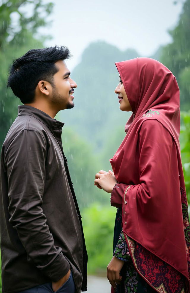 A man and a woman wearing hijabs gazing at each other with deep emotion as rain falls around them